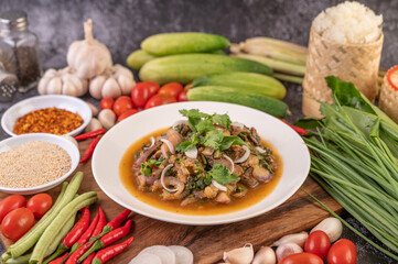 Spicy minced pork in a white plate.