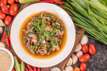 Spicy minced pork in a white plate.