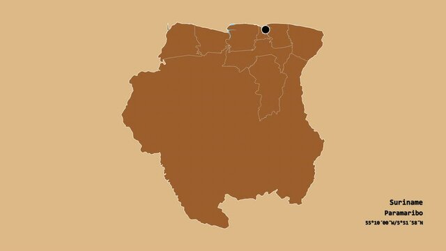 Para, district of Suriname, with its capital, localized, outlined and zoomed with informative overlays on a solid patterned map in the Stereographic projection. Animation 3D