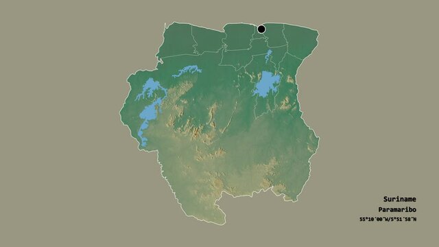 Para, district of Suriname, with its capital, localized, outlined and zoomed with informative overlays on a relief map in the Stereographic projection. Animation 3D