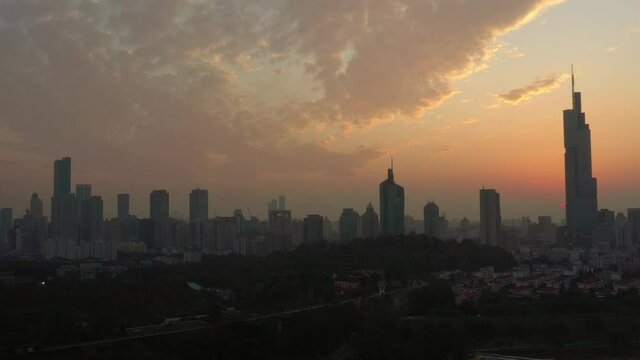 nanjing city downtown olympic wall park sunset time aerial panorama 4k china