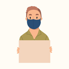 Yong man holding clean placards in face mask.Virus protection. Demonstrating empty banners. Brown hair.Vector hand drawn illustation.