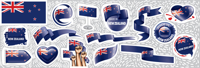 Obraz premium Vector set of the national flag of New Zealand in various creative designs