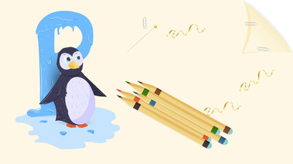 illustration layout banner of the English alphabet for learning the alphabet letter P penguin on a sheet of paper with colored pencils