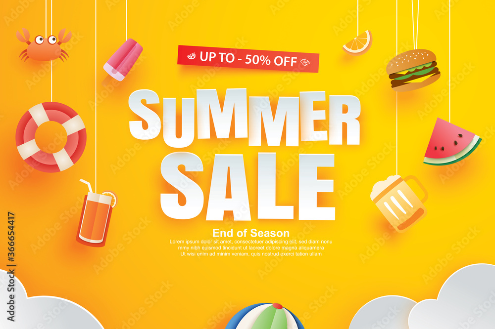 Sticker summer sale with decoration origami on yellow background. paper art and craft style.