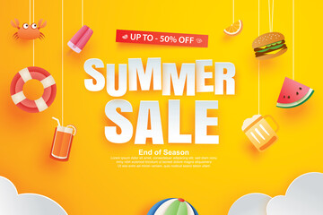 Summer sale with decoration origami on yellow background. Paper art and craft style. - obrazy, fototapety, plakaty