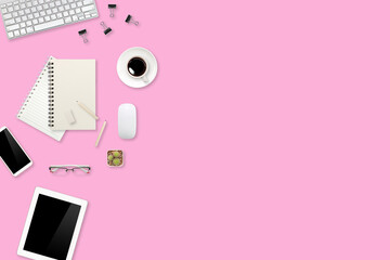 flat lay or top view workspace office pink desk with laptop computer, coffee cup and smartphone using for business background