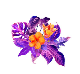 Glowing in neon light tropical leaves and exotic hibiskus flowers. Watercolour jungle plants bouquet © zzorik