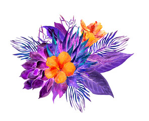 Glowing in neon light tropical leaves and exotic hibiskus flowers. Watercolour jungle plants bouquet © zzorik