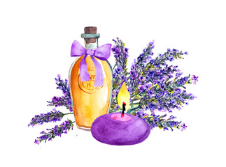 Obraz na płótnie Canvas Flowers, lavender oil bottles with vintage bow, candle. Watercolor illustration in provencal style