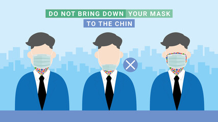 The pandemic of COVID-19 coronavirus. The businessman is wearing medical mask for protection. Do not bring down the mask to the chin.