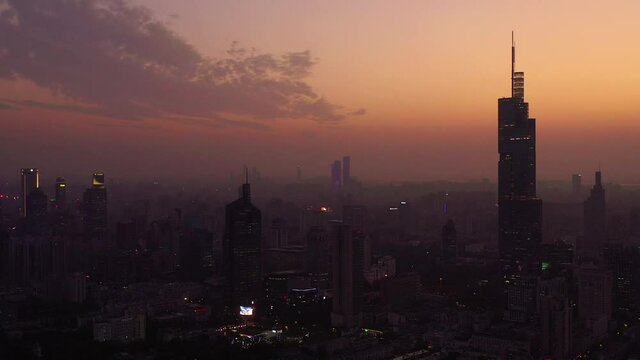 nanjing city downtown sunset time night illumination aerial panorama 4k china