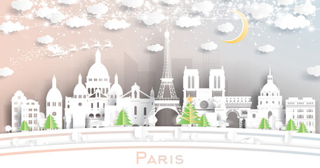 Paris France City Skyline in Paper Cut Style with Snowflakes, Moon and Neon Garland.