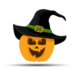 Jack-O-Lantern. Halloween pumpkin with witches hat isolated on white background. Holidays cartoon character. Vector illustration in flat style.