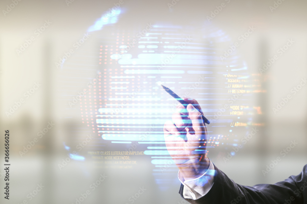 Poster double exposure of man hand with pen working with abstract creative programming illustration and wor