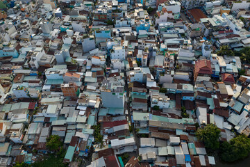 crowded old residential and business area  from aerial top down view