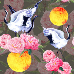 Fototapety  Ptaki żurawia, taniec cienia w różowych kwiatach piwonii i księżycu. Kwiatowy powtarzający się wzór azjatycki. Akwarela na Święto Środka Jesieni