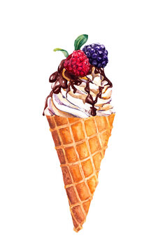 Ice cream, frozen yogurt in waffle cone with berries and chocolate. Watercolor delicious food