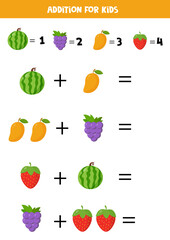 Addition with different fruits. Cartoon watermelon, mango, grape, strawberry.