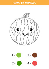 Coloring cute kawaii watermelon by numbers. Game for kids.
