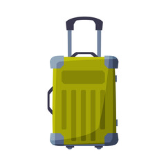 Green Modern Plastic Suitcase on Wheels, Summer Vacation Object, Traveling and Tourism Vector Illustration on White Background