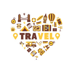 Travel Banner Template with Travelling Sights and Symbols Pattern of Heart Shape, Summer Adventures Vector Illustration