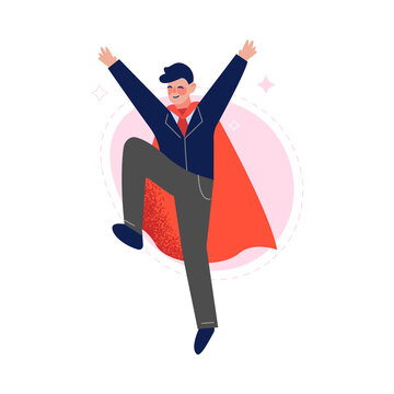 Super Man in Red Cape, Successful Superhero Business Person Character, Leadership, Challenge Goal Achievement Vector Illustration