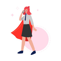 Super Businesswoman Wearing Red Cape Talking on the Phone, Successful Superhero Business Character, Leadership, Challenge Goal Achievement Vector Illustration