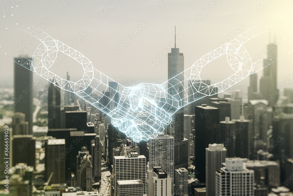 Aufkleber abstract virtual block chain technology sketch with handshake on chicago office buildings background