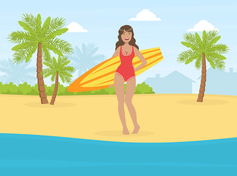 Beautiful Girl in Swimsuit Standing with Surfboard on Tropical Beach Vector Illustration