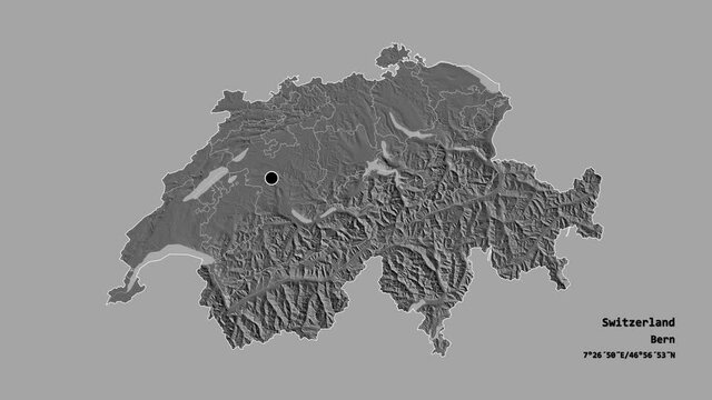 Ticino, canton of Switzerland, with its capital, localized, outlined and zoomed with informative overlays on a bilevel map in the Stereographic projection. Animation 3D