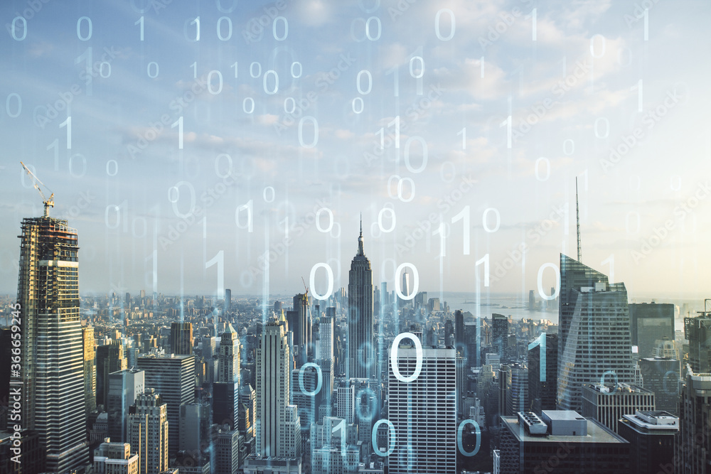 Aufkleber abstract virtual binary code illustration on new york city skyline background. big data and coding c