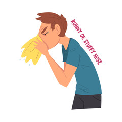 Cold Symptom, Man Suffering from Runny or Stuffy Nose, Medical Treatment and Healthcare Concept Cartoon Style Vector Illustration