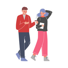 Young Man and Woman Talking to Each Other, Meeting of Friends or Colleagues Vector Illustration on White Background