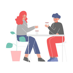 Young Man and Woman Talking at the Table and Drinking Coffee, Meeting of Friends or Colleagues Vector Illustration on White Background