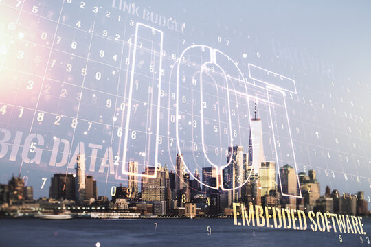 Creative IOT illustration on New York cityscape background, future technology concept. Multiexposure