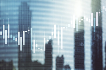 Double exposure of abstract financial graph on office buildings background, financial and trading concept