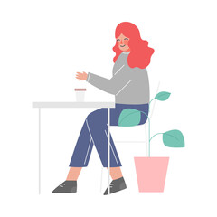 Girl Sitting at the Table, Drinking Coffee and Talking, Young Woman at Working Process or Meeting Vector Illustration on White Background