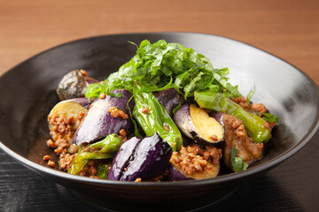 ナスとシシトウの肉味噌炒め