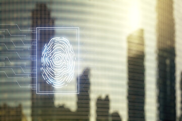 Abstract virtual fingerprint illustration on modern architecture background, personal biometric data concept. Multiexposure