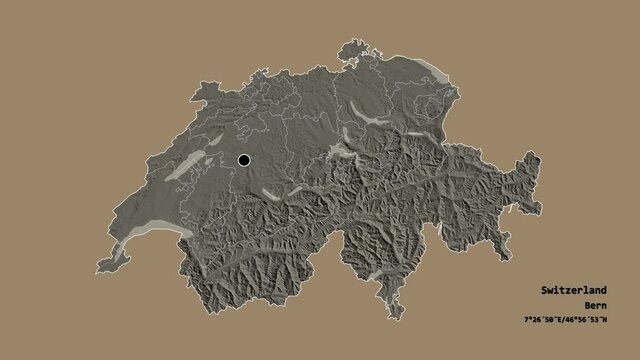 Vaud, canton of Switzerland, with its capital, localized, outlined and zoomed with informative overlays on a administrative map in the Stereographic projection. Animation 3D