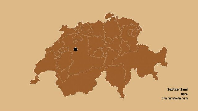 Vaud, canton of Switzerland, with its capital, localized, outlined and zoomed with informative overlays on a solid patterned map in the Stereographic projection. Animation 3D