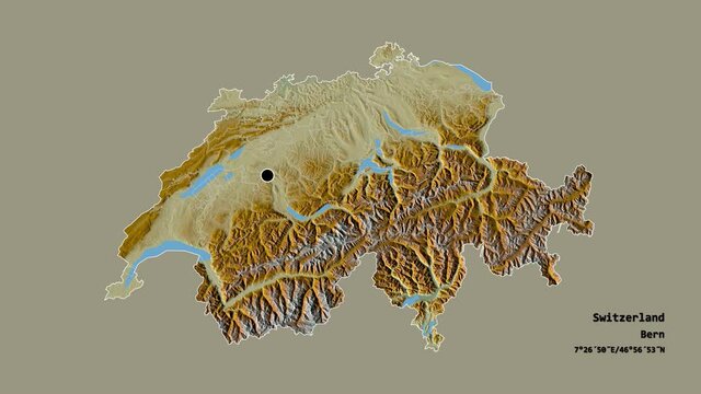 Vaud, canton of Switzerland, with its capital, localized, outlined and zoomed with informative overlays on a relief map in the Stereographic projection. Animation 3D