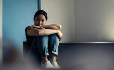 Naklejka premium sad serious illness woman.depressed emotion panic attacks alone sick people fear stressful.crying begging help.stop abusing domestic violence,person with health anxiety, bad frustrated exhausted