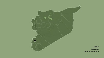 Aleppo, province of Syria, with its capital, localized, outlined and zoomed with informative overlays on a administrative map in the Stereographic projection. Animation 3D