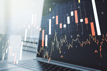 Abstract creative financial graph with world map on modern computer background, financial and trading concept. Multiexposure
