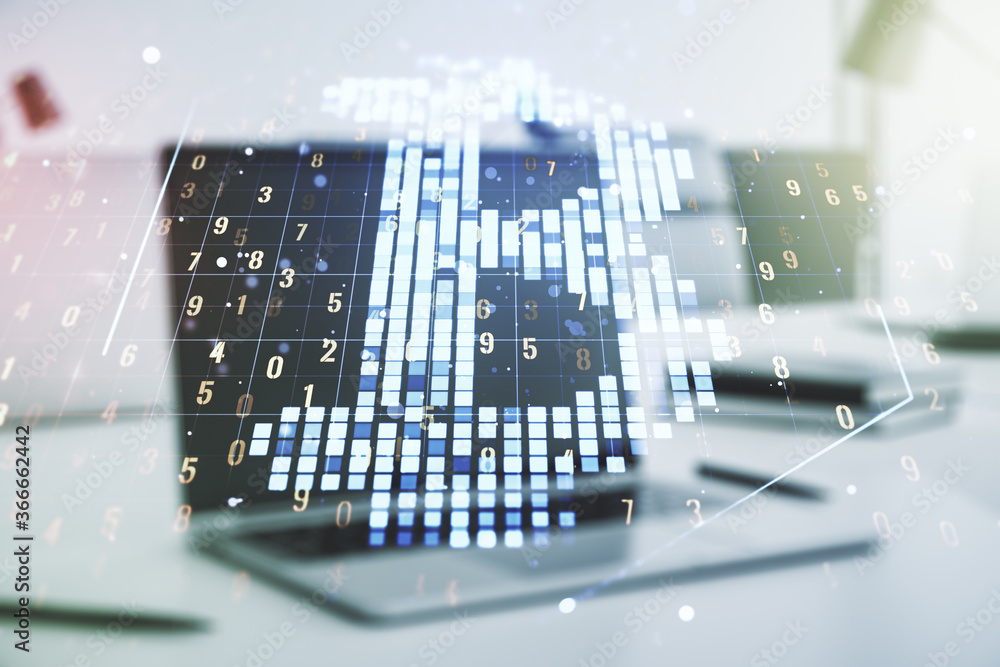Poster double exposure of creative bitcoin symbol hologram with computer on background. mining and blockcha