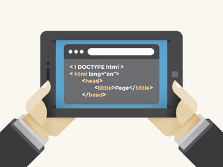 Human hands holding internet tablet with html programming source code screen. Concepts: Freelance, application development, JavaScript, PHP, C++, Python, HTML, Swift, Go, Kotlin, TypeScript languages
