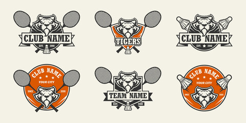 Tiger head sport logo. Set of badminton emblems, badges, logos and labels. Design element for company logo, label, emblem, apparel or other merchandise. Scalable and editable Vector.