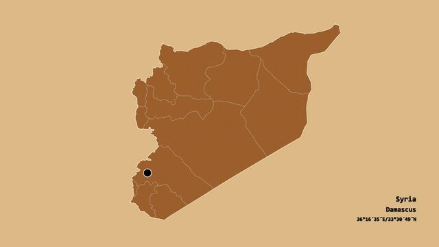 Hims, province of Syria, with its capital, localized, outlined and zoomed with informative overlays on a solid patterned map in the Stereographic projection. Animation 3D